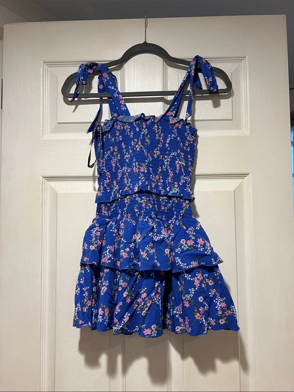 Girls Katie J Emerson Blue Floral Ruffle Skirted Dress with Tie Straps size L